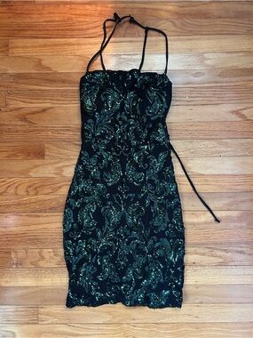 Black & Emerald Sequin Spaghetti Strap Open Back Bodycon Dress